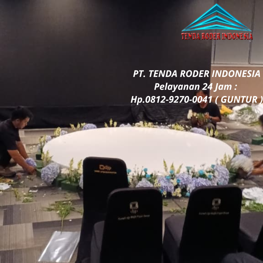 Sewa Panggung bulat fin melaminto putih dan Tenda Roder Bekasi