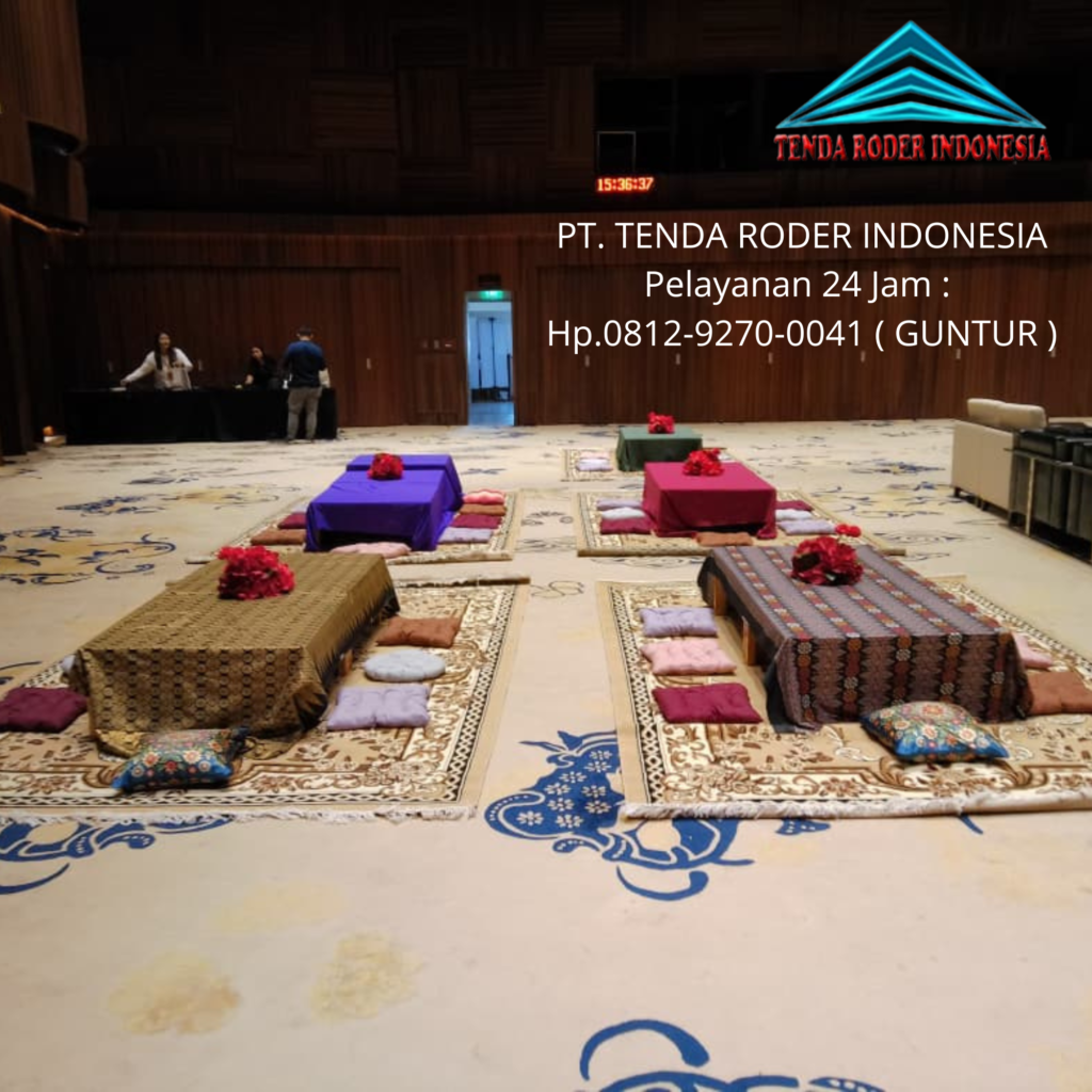 Rental Tenda Roder, Karpet Permadani Cokelat,Round Table Lesehan Depok