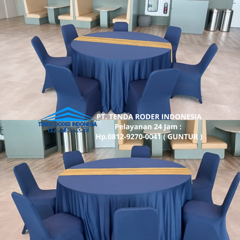 Pusat Sewa MEJA BULAT, KURSI COVER BIRU, TENDA RODER Area BSD