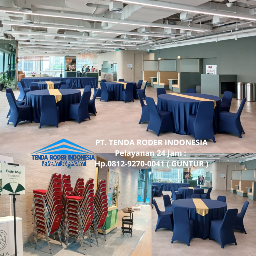 Pusat Sewa MEJA BULAT, KURSI COVER BIRU, TENDA RODER Area BSD