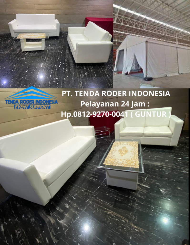 Sewa SOFA DOUBLE PUTIH, MEJA VIP KACA, TENDA RODER Cikampek