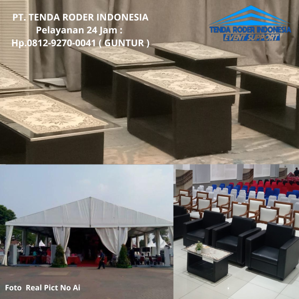 Sewa SOFA VIP HITAM, MEJA KACA Dan TENDA RODER Area Bekasi
